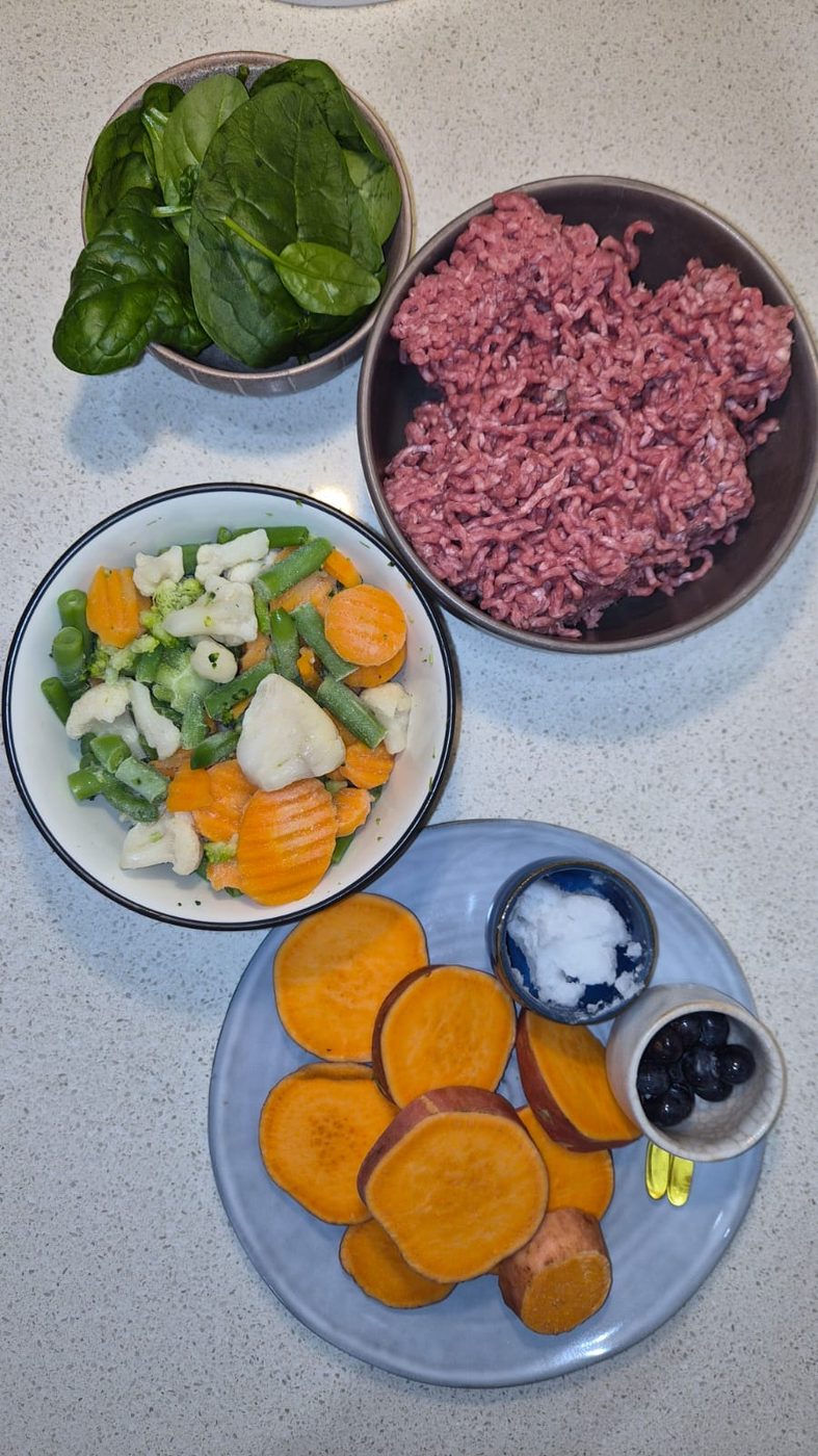 Fresh beef mince, spinach, mixed vegetables, sweet potato and blueberries — the ingredients of the beef loaf