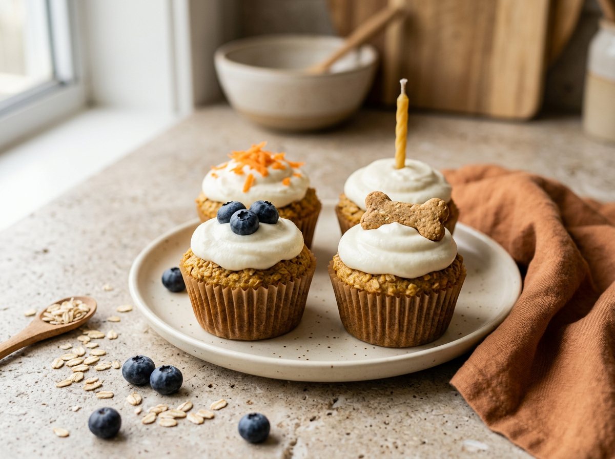 Freshly baked dog-safe pupcakes with yogurt frosting, blueberries, carrot and a bone-shaped biscuit